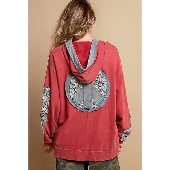 POL Red Floral Peace Patch Vintage Washed Hoodie - Picture 6 of 7